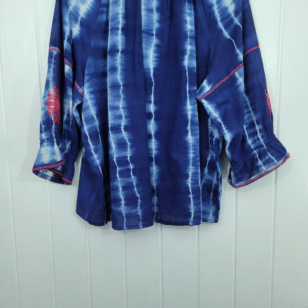 Chicos 4 Womens Sz 20/22 Blue White Tie Dye Tunic Pink Embroidery With Tassels - Picture 7 of 15